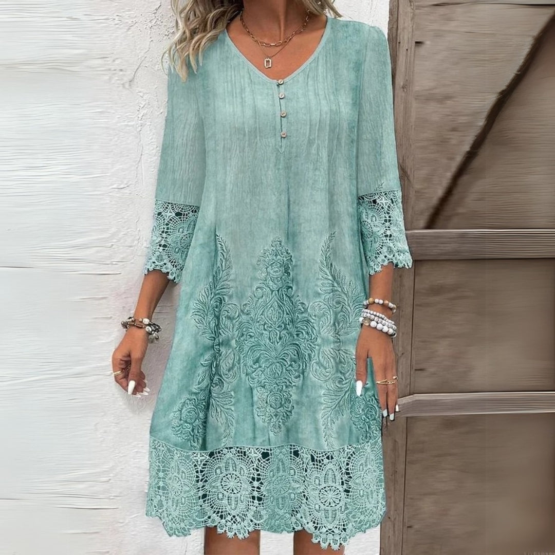 Aigerim | Women's V Neck Button Front Open Work Midi Dress