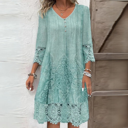 Aigerim | Women's V Neck Button Front Open Work Midi Dress