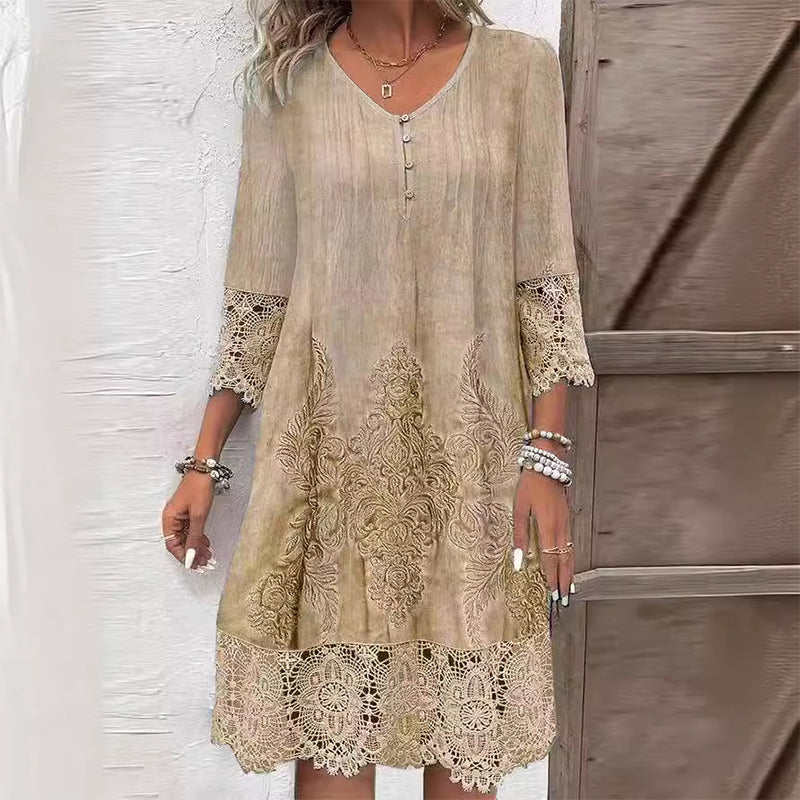 Aigerim | Women's V Neck Button Front Open Work Midi Dress