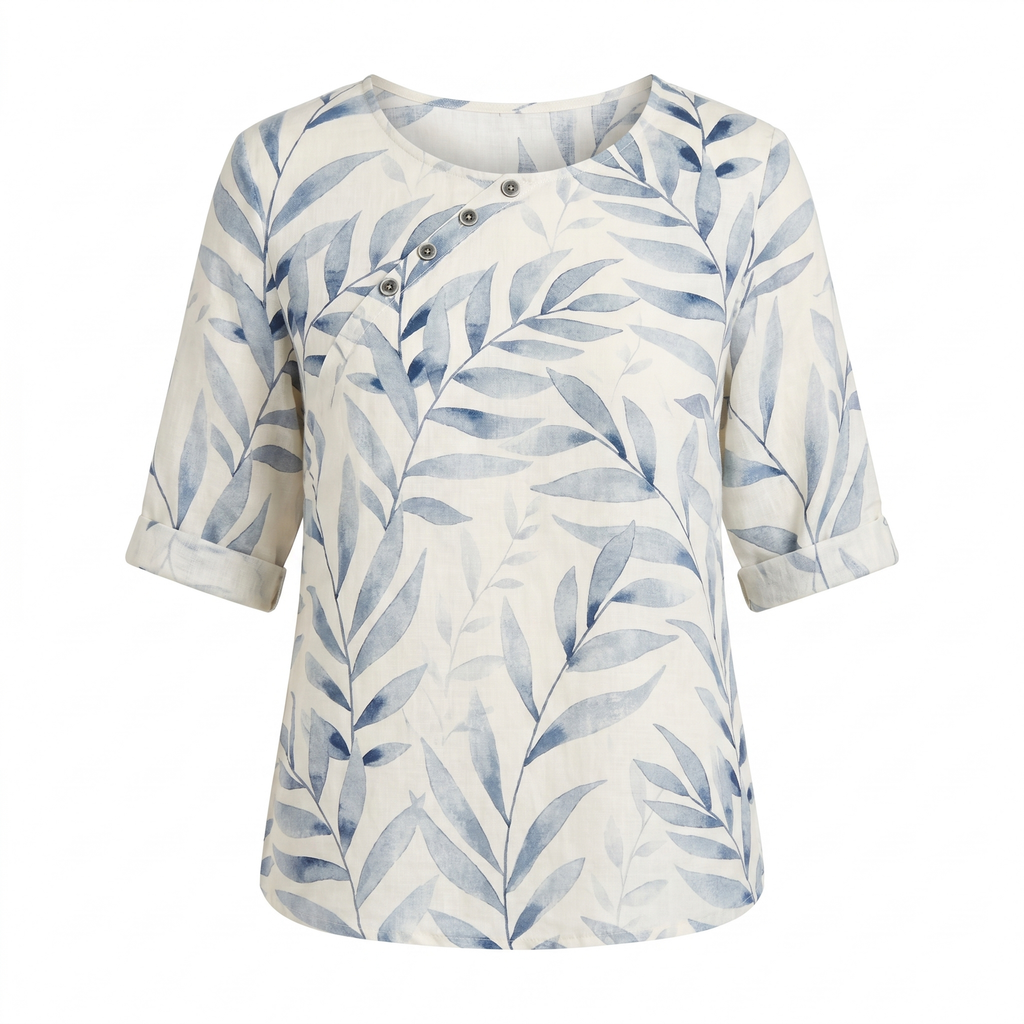 Aileene | Women's Leaf Pattern Asymmetric Button Crew Neck Blouse
