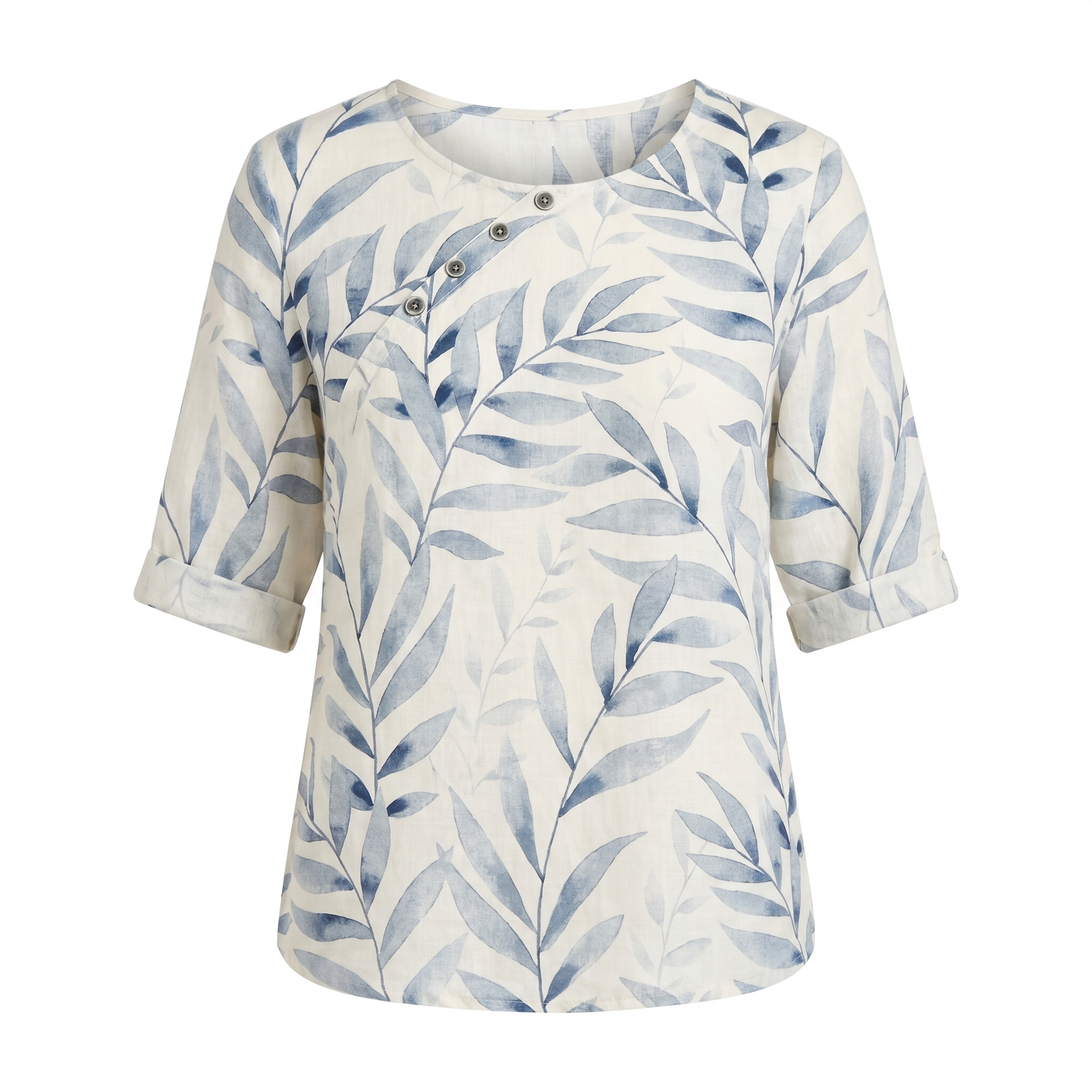 Aileene | Women's Leaf Pattern Asymmetric Button Crew Neck Blouse