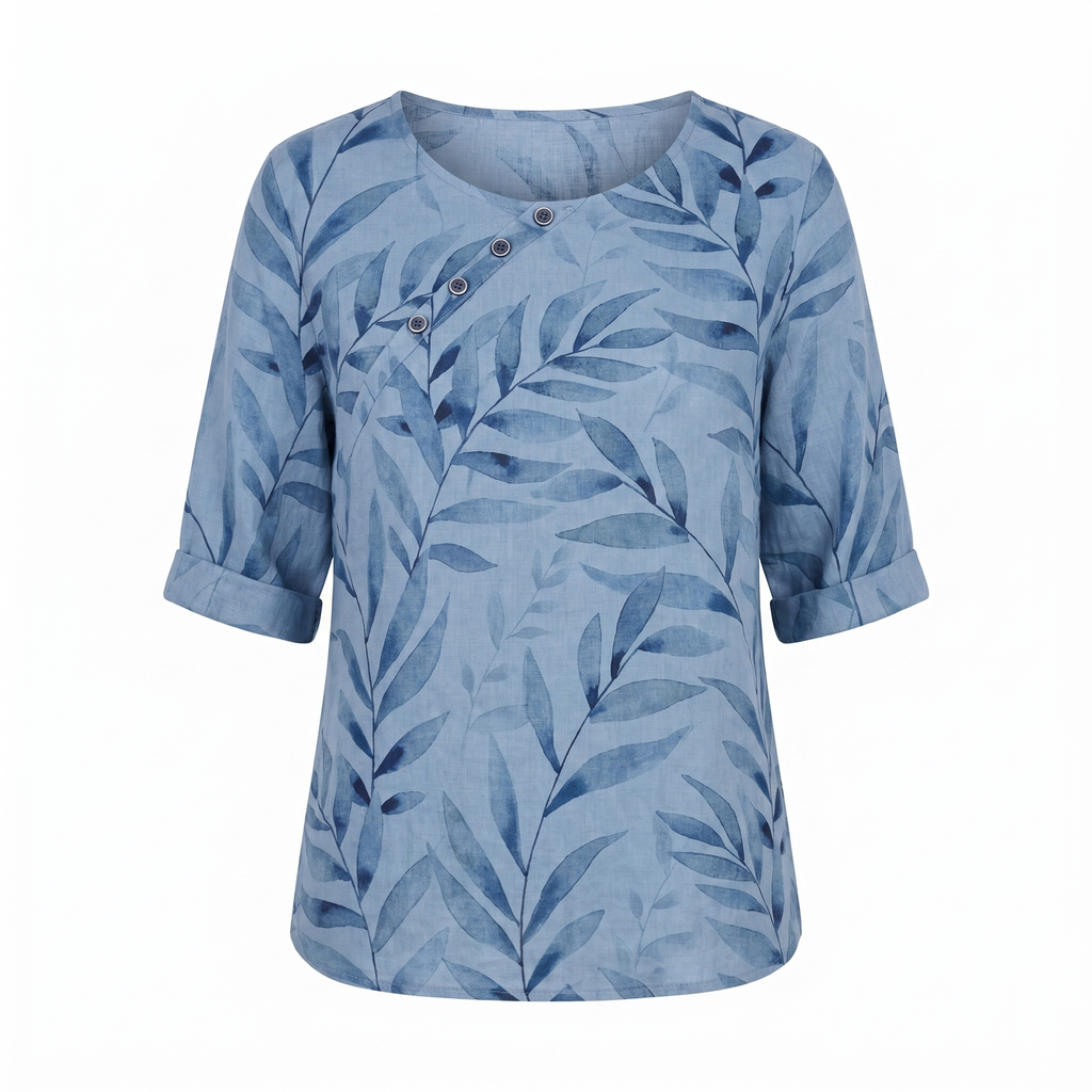Aileene | Women's Leaf Pattern Asymmetric Button Crew Neck Blouse