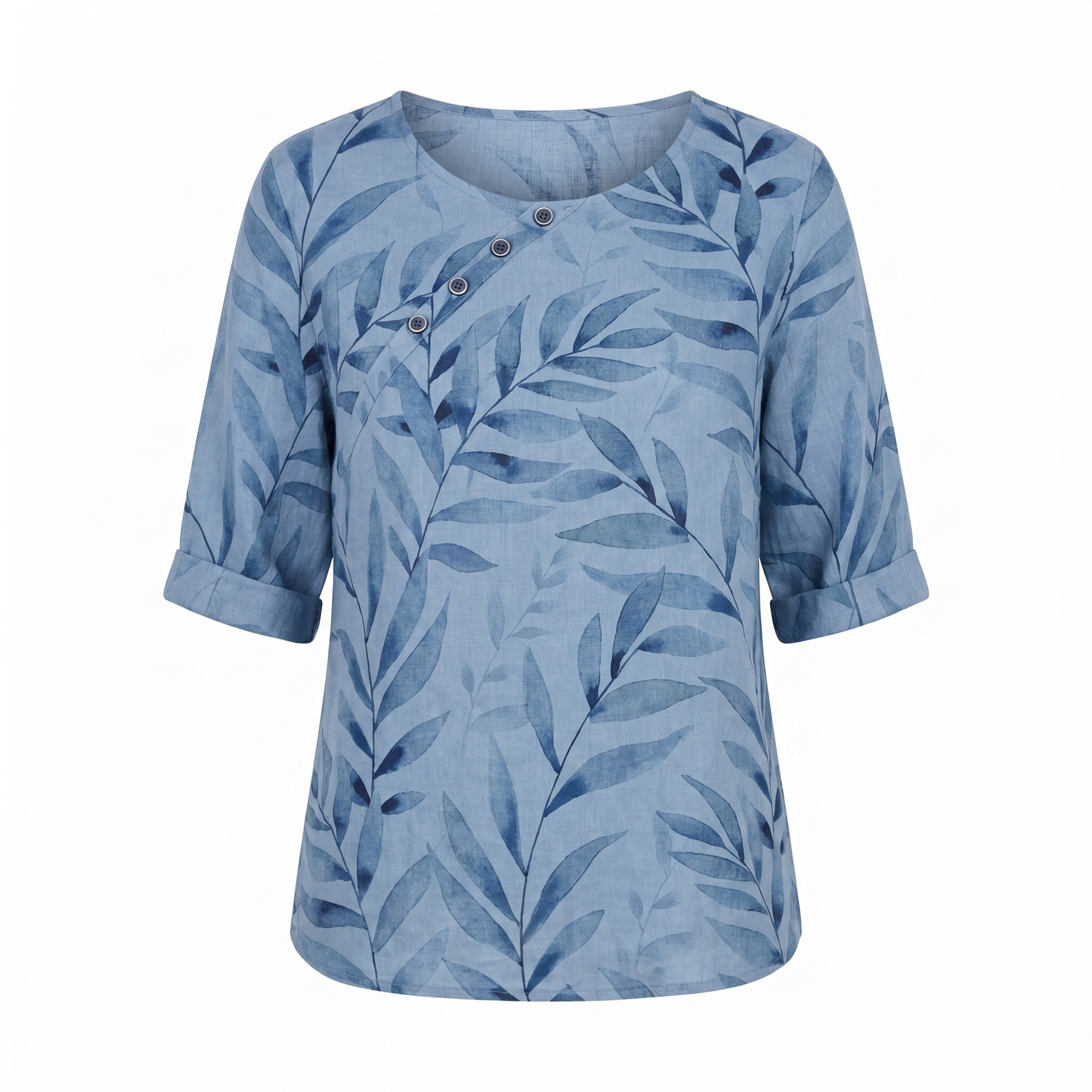Aileene | Women's Leaf Pattern Asymmetric Button Crew Neck Blouse