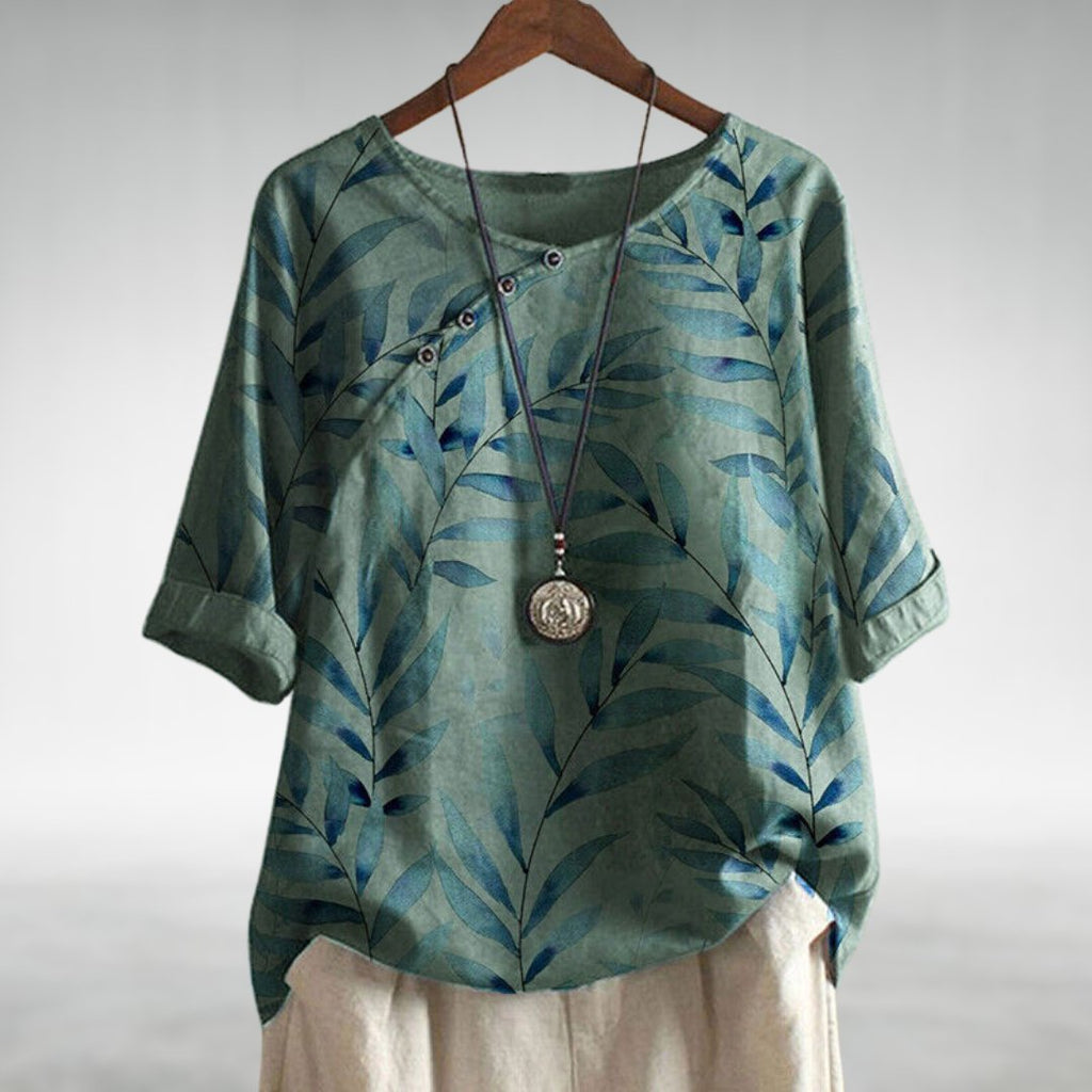 Aileene | Women's Leaf Pattern Asymmetric Button Crew Neck Blouse