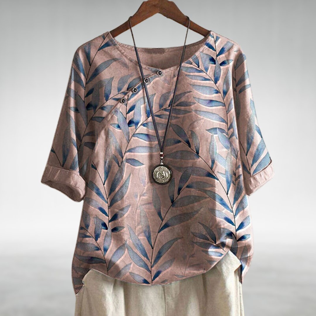 Aileene | Women's Leaf Pattern Asymmetric Button Crew Neck Blouse