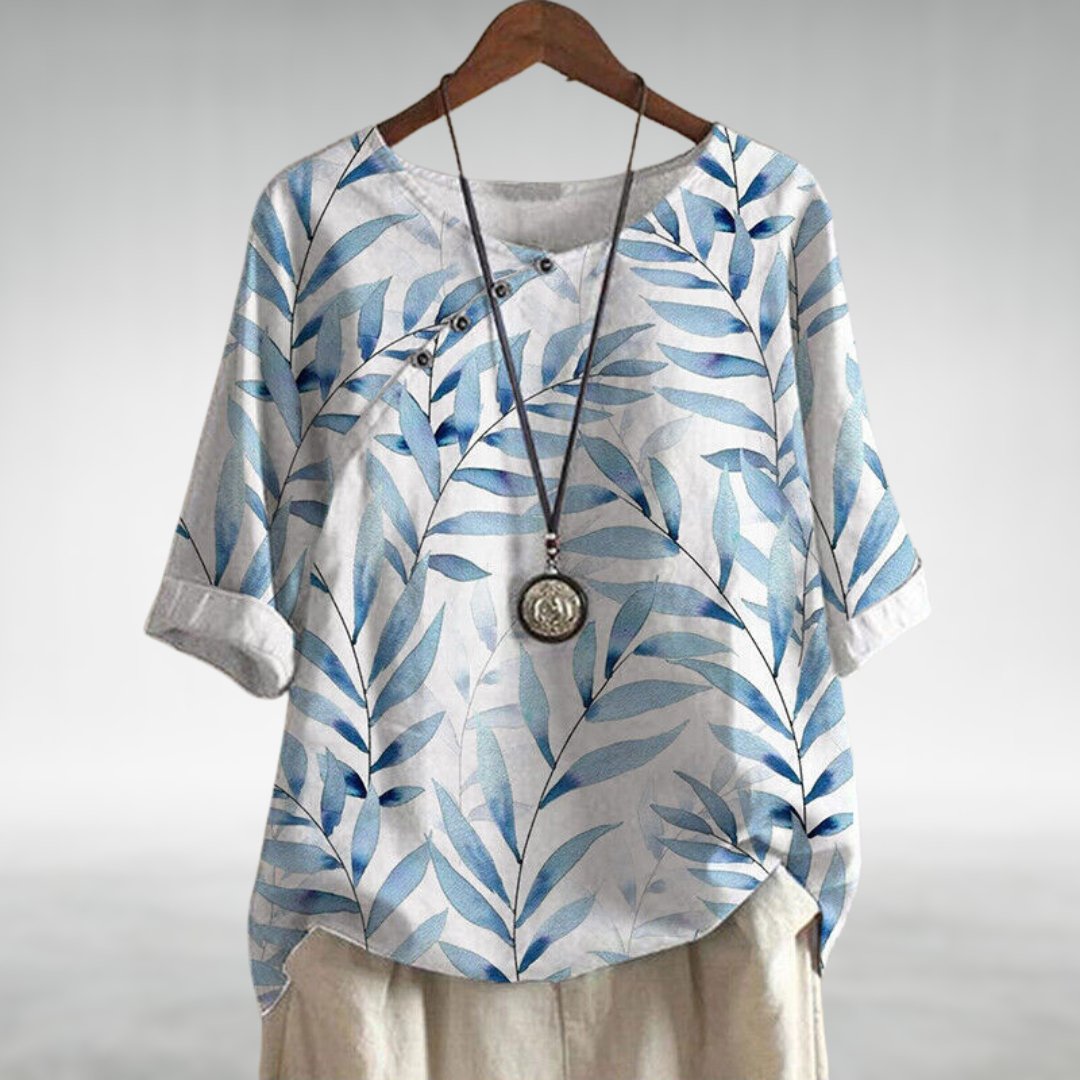 Aileene | Women's Leaf Pattern Asymmetric Button Crew Neck Blouse
