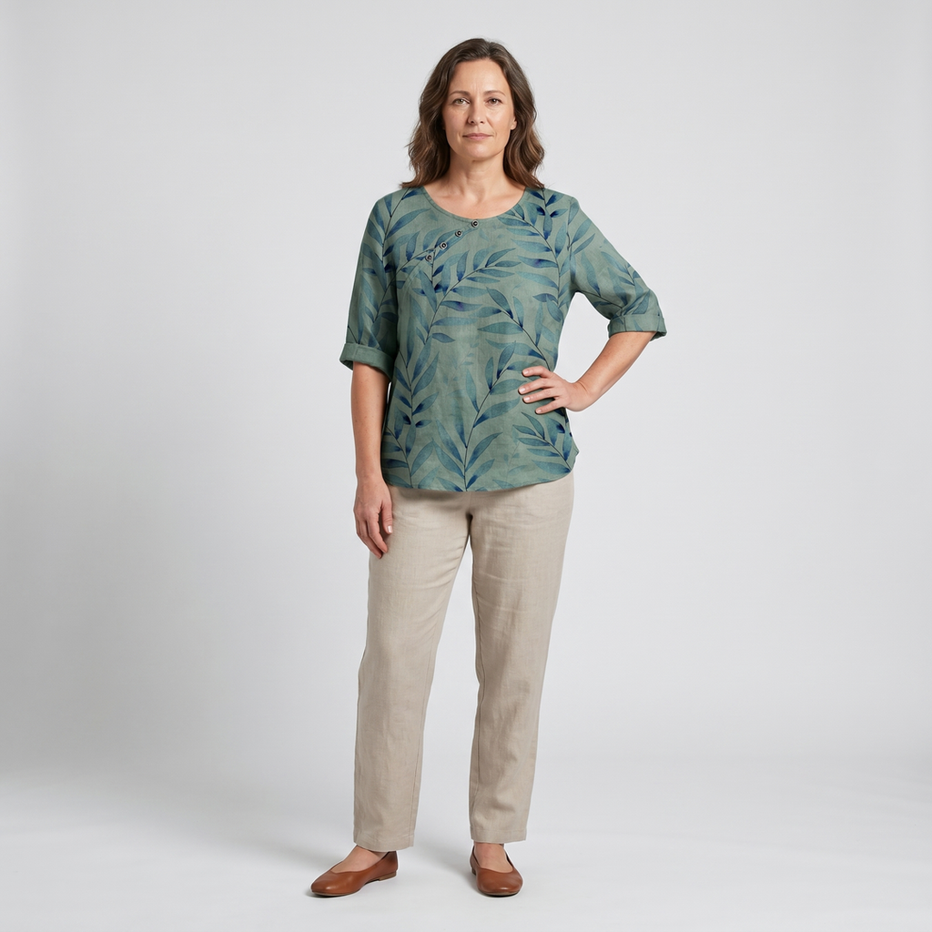 Aileene | Women's Leaf Pattern Asymmetric Button Crew Neck Blouse