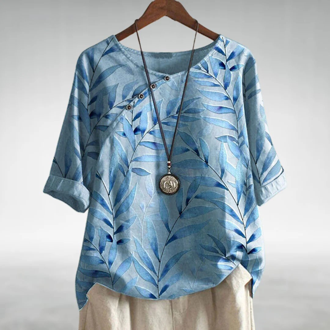 Aileene | Women's Leaf Pattern Asymmetric Button Crew Neck Blouse