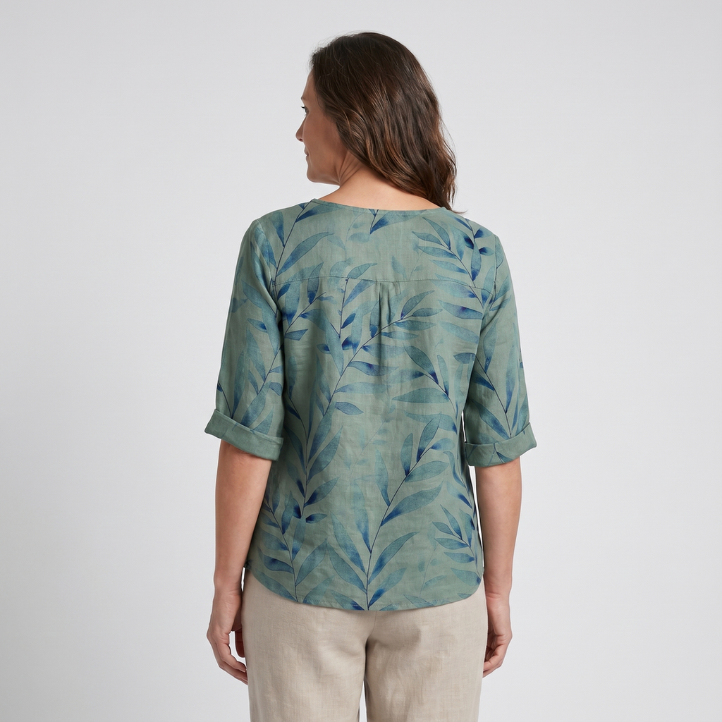 Aileene | Women's Leaf Pattern Asymmetric Button Crew Neck Blouse