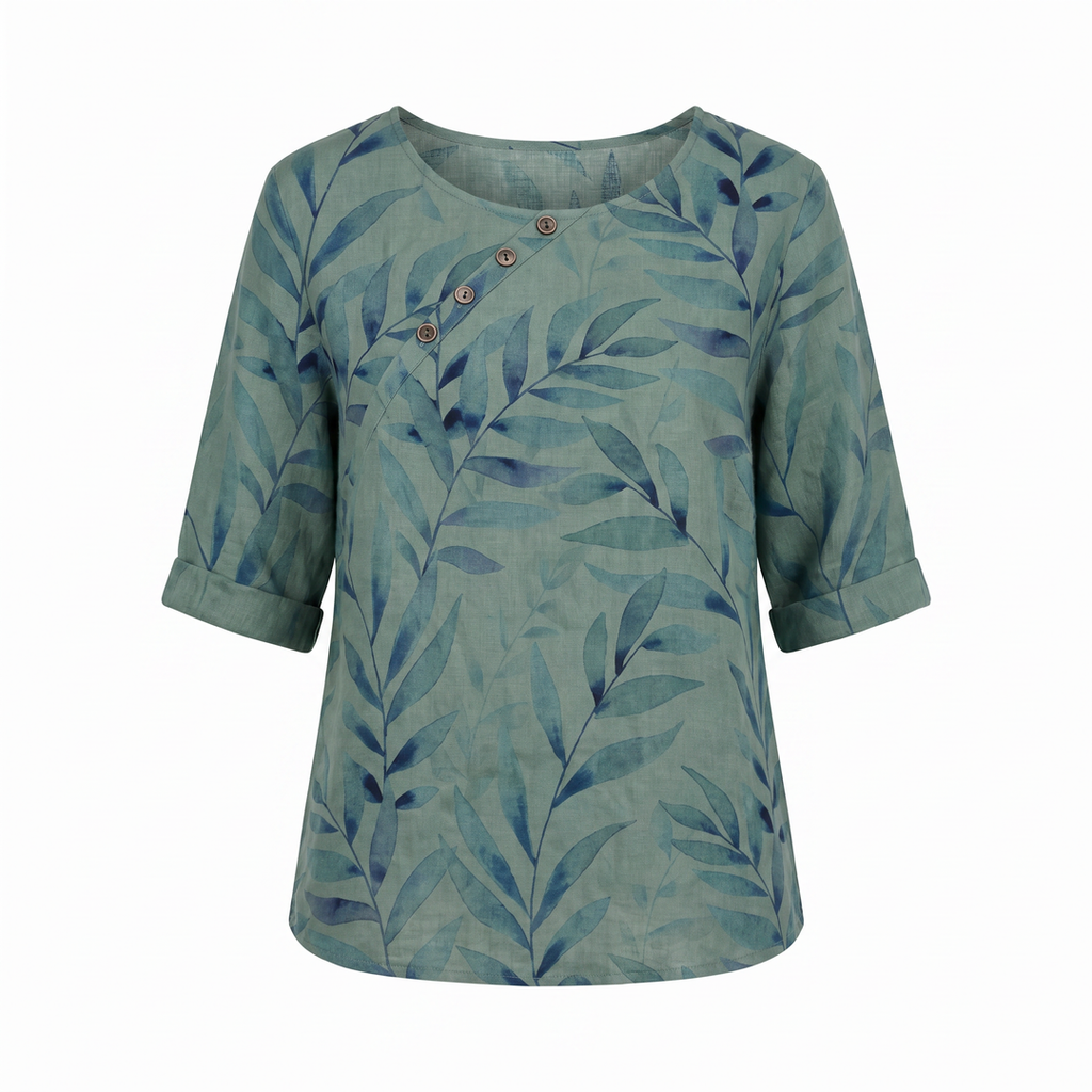 Aileene | Women's Leaf Pattern Asymmetric Button Crew Neck Blouse
