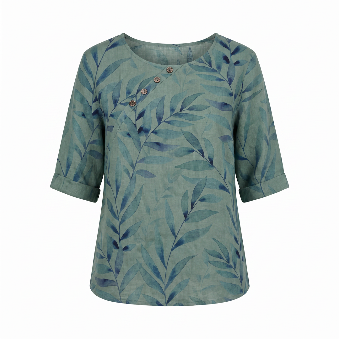 Aileene | Women's Leaf Pattern Asymmetric Button Crew Neck Blouse