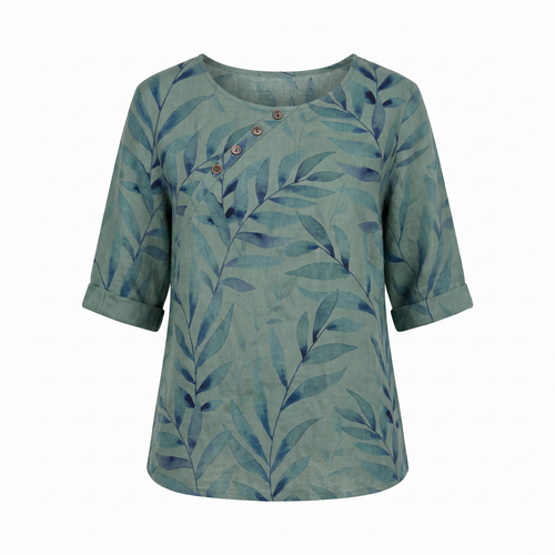 Aileene | Women's Leaf Pattern Asymmetric Button Crew Neck Blouse