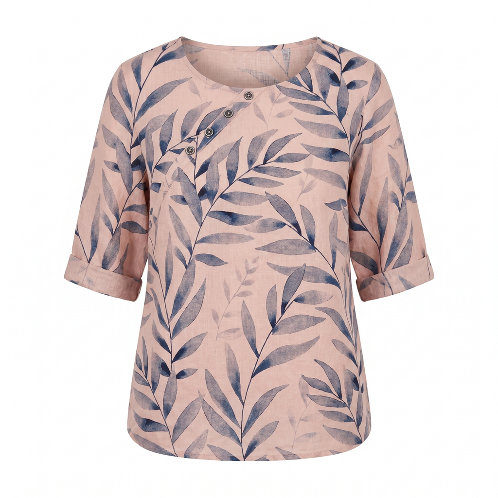 Aileene | Women's Leaf Pattern Asymmetric Button Crew Neck Blouse