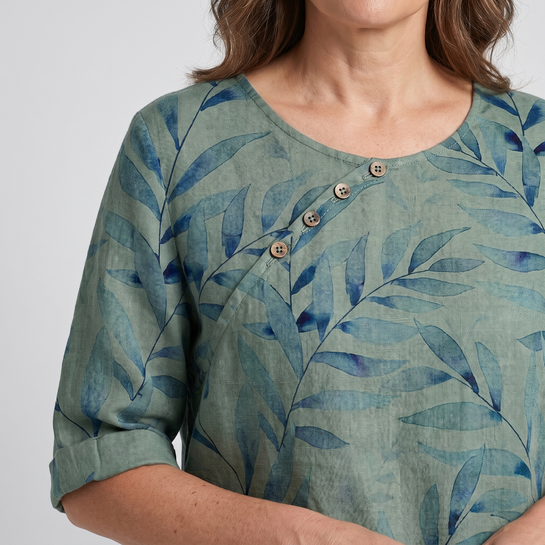 Aileene | Women's Leaf Pattern Asymmetric Button Crew Neck Blouse
