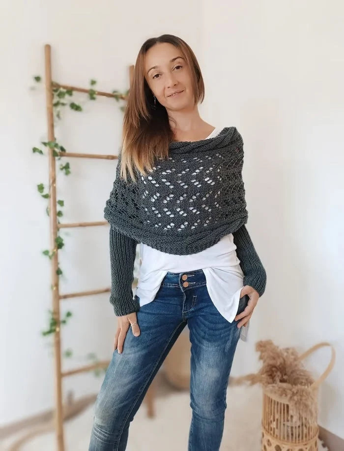 Airlea | Women’s Mesh Long Sleeve Wrap Front Knitted Shawl