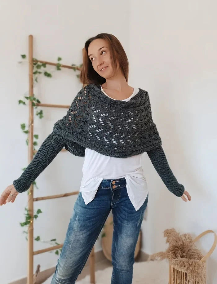 Airlea | Women’s Mesh Long Sleeve Wrap Front Knitted Shawl