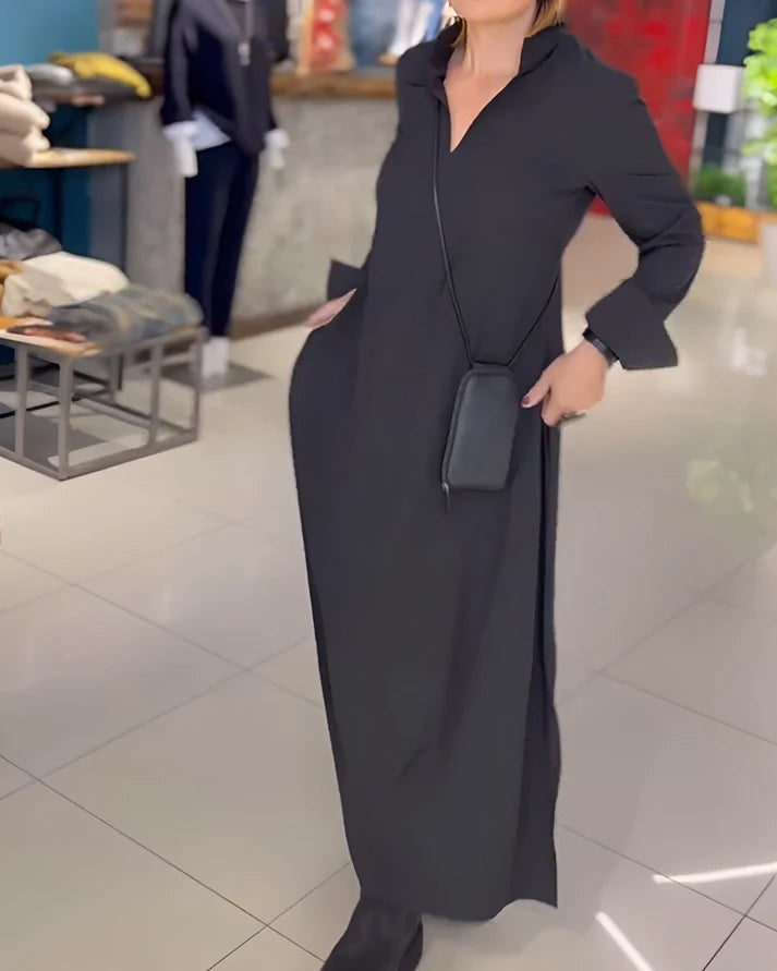 Akela | Women’s Collared V Neck Long Sleeve Flowy Maxi Dress