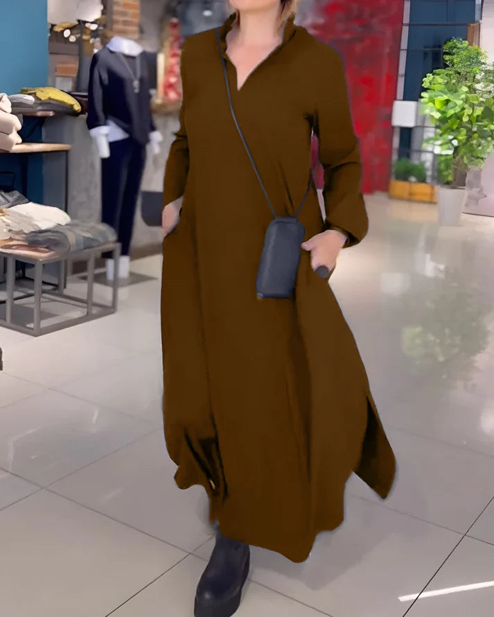 Akela | Women’s Collared V Neck Long Sleeve Flowy Maxi Dress