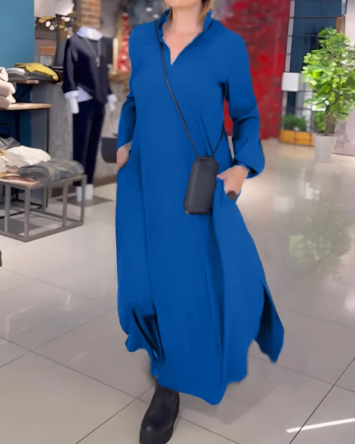 Akela | Women’s Collared V Neck Long Sleeve Flowy Maxi Dress