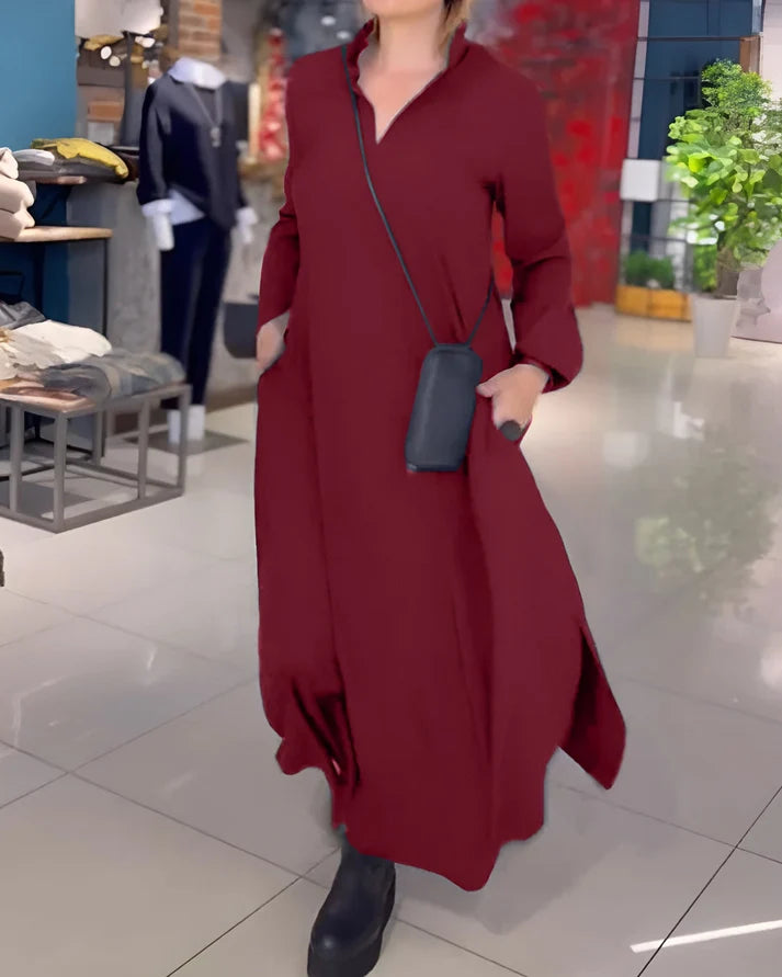 Akela | Women’s Collared V Neck Long Sleeve Flowy Maxi Dress