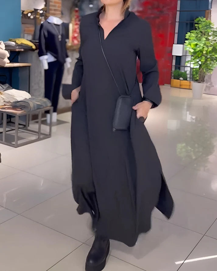 Akela | Women’s Collared V Neck Long Sleeve Flowy Maxi Dress
