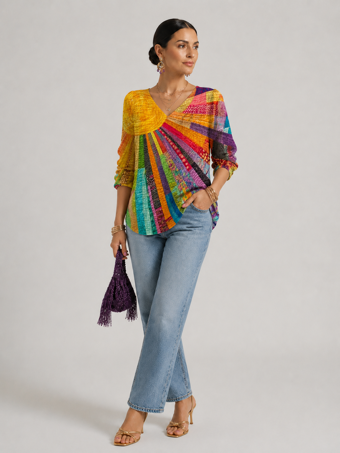 Akosua | Women's V Neck Patchwork Print Summer Boho Blouse