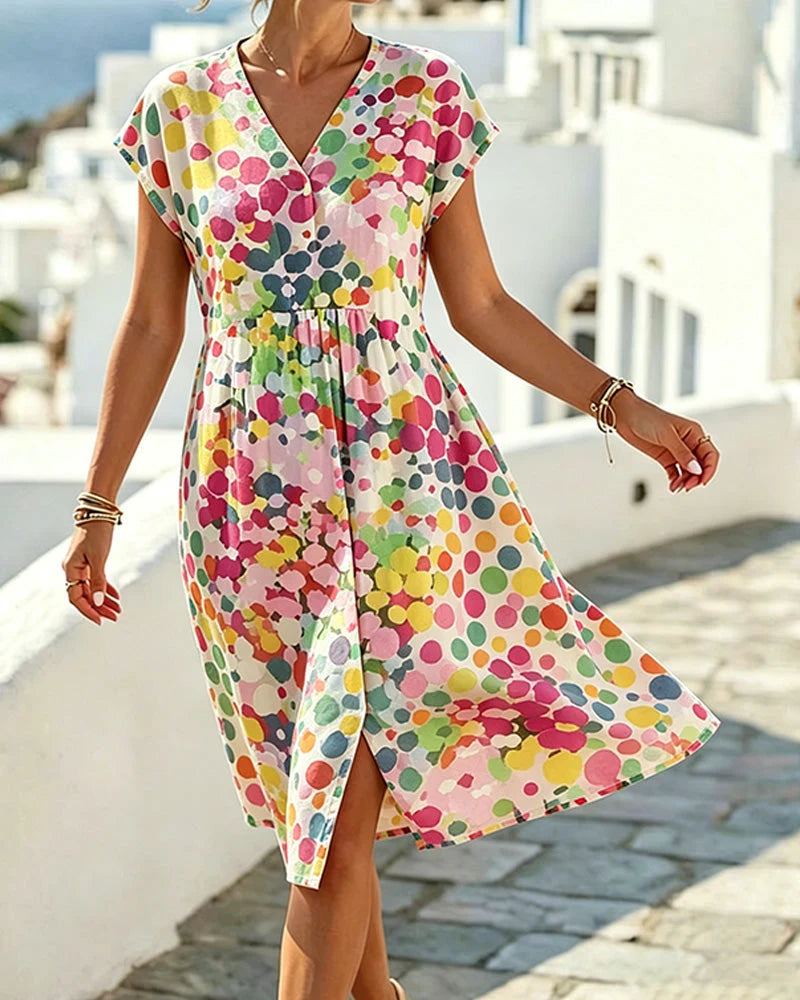 Alama | Women’s Cap Sleeve V Neck High Slit Knee Length Dress