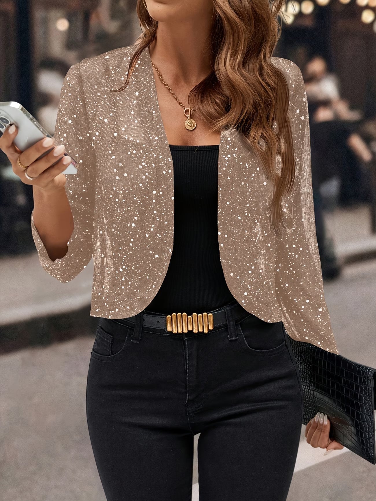 Alanza | Women's Sparkle Open-Front Collarless Cropped Jacket