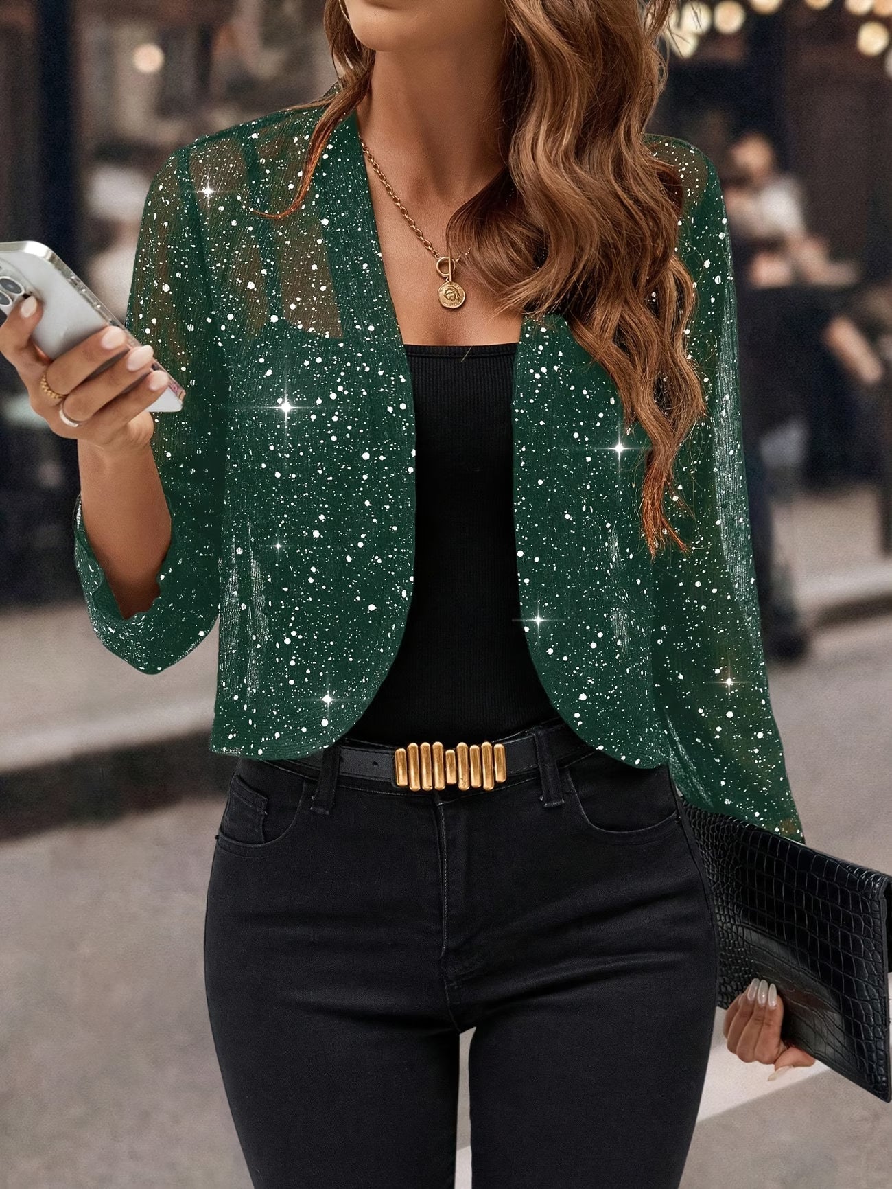 Alanza | Women's Sparkle Open-Front Collarless Cropped Jacket