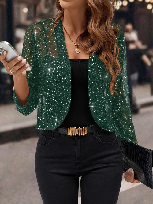 Alanza | Women's Sparkle Open-Front Collarless Cropped Jacket