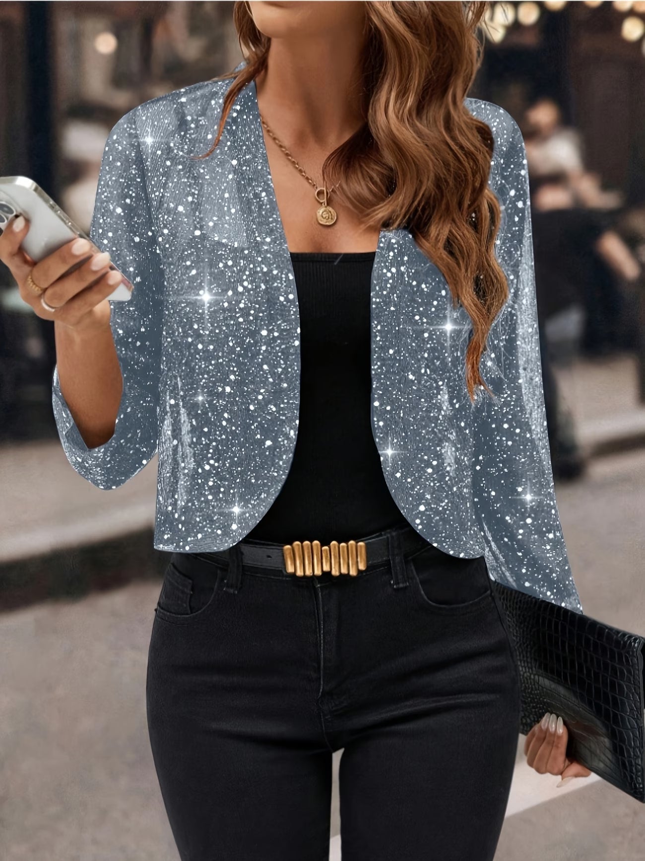 Alanza | Women's Sparkle Open-Front Collarless Cropped Jacket
