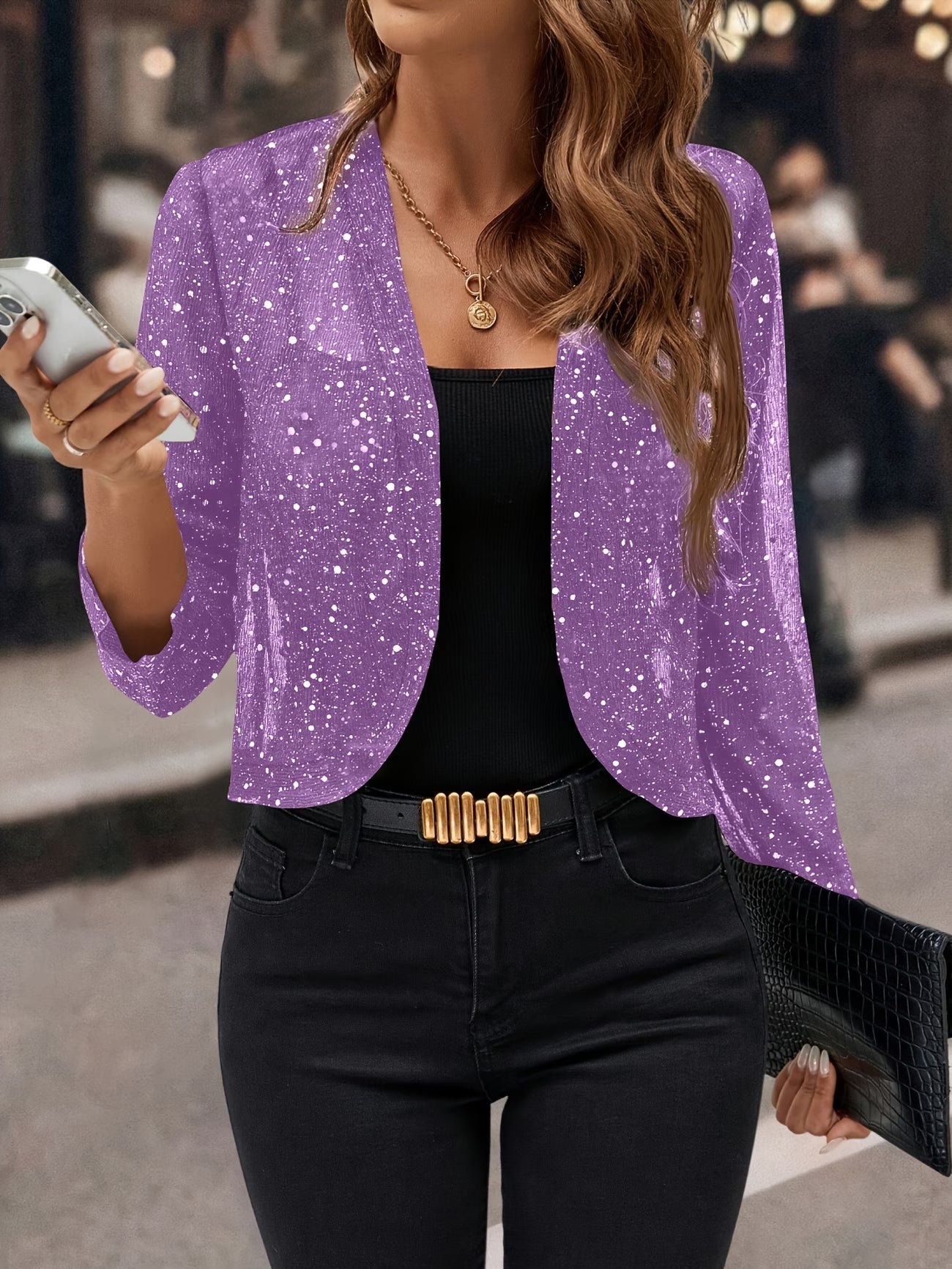 Alanza | Women's Sparkle Open-Front Collarless Cropped Jacket