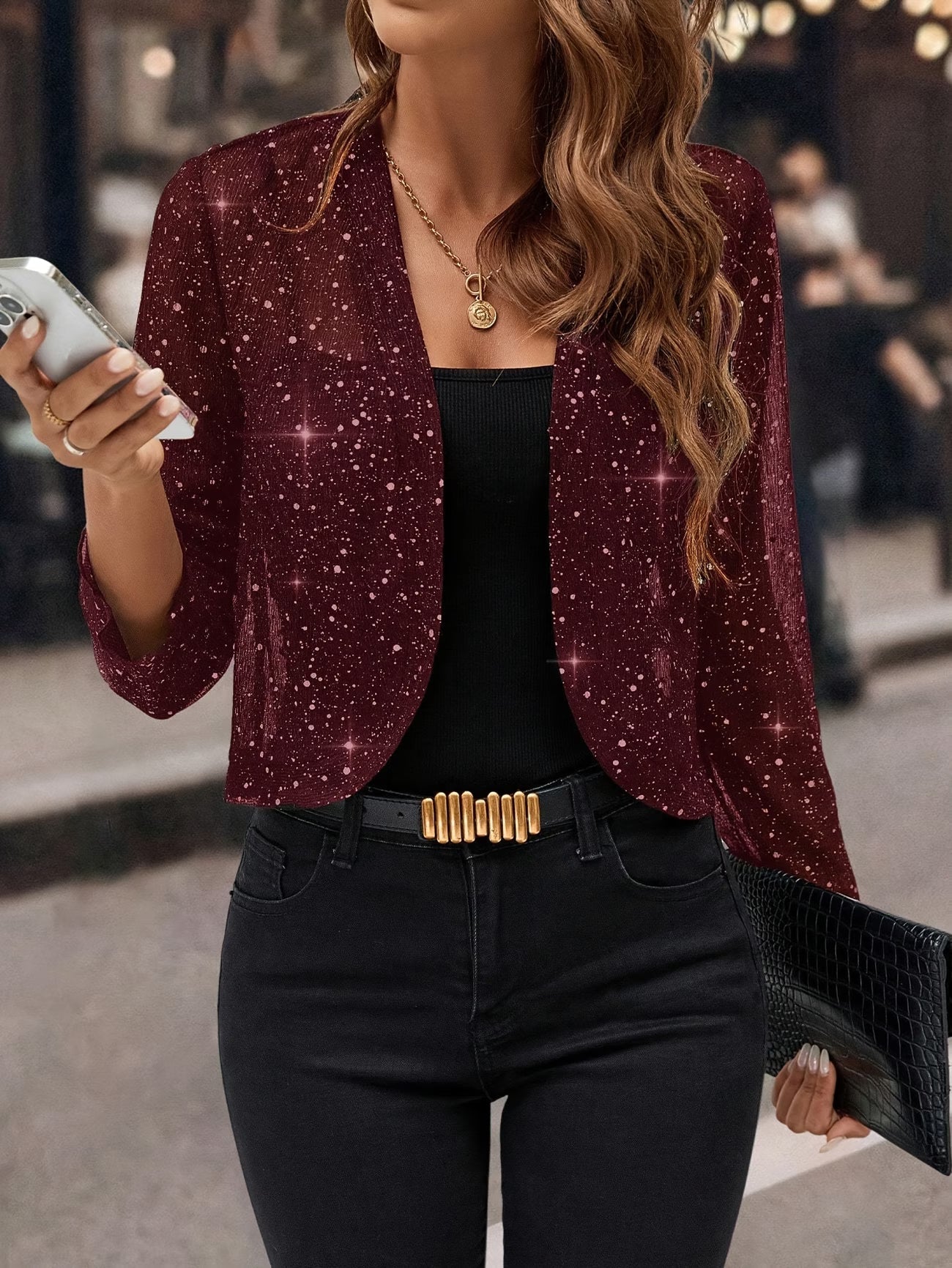 Alanza | Women's Sparkle Open-Front Collarless Cropped Jacket