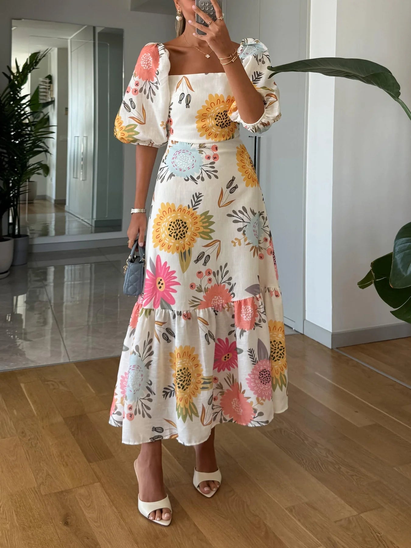 Alasia | Women’s Puff Sleeve Square Neck Floral Tiered Maxi Dress