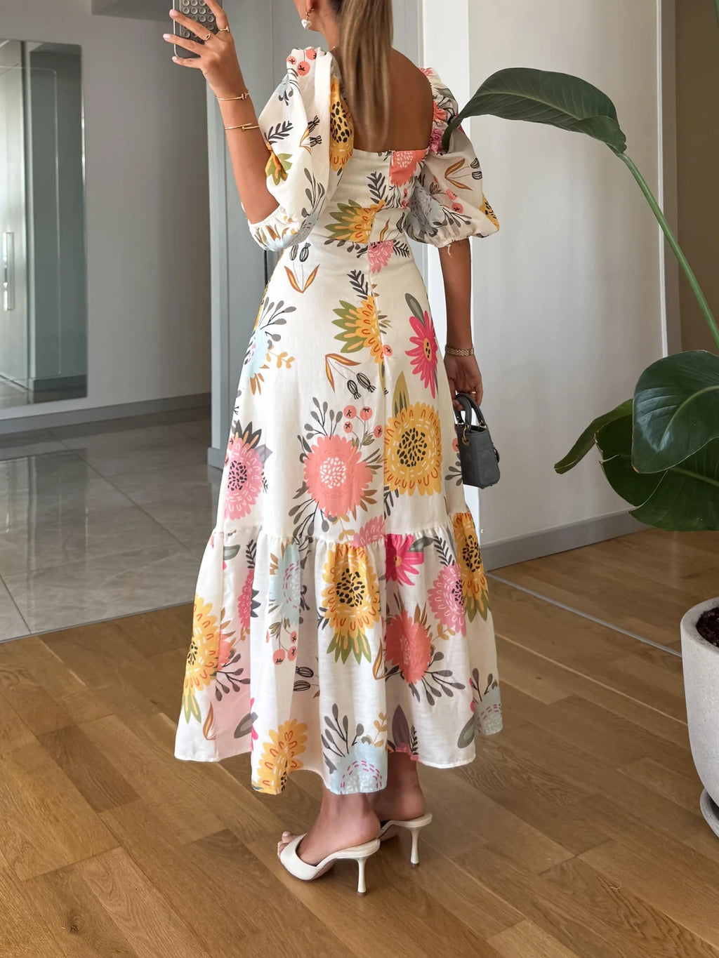 Alasia | Women’s Puff Sleeve Square Neck Floral Tiered Maxi Dress