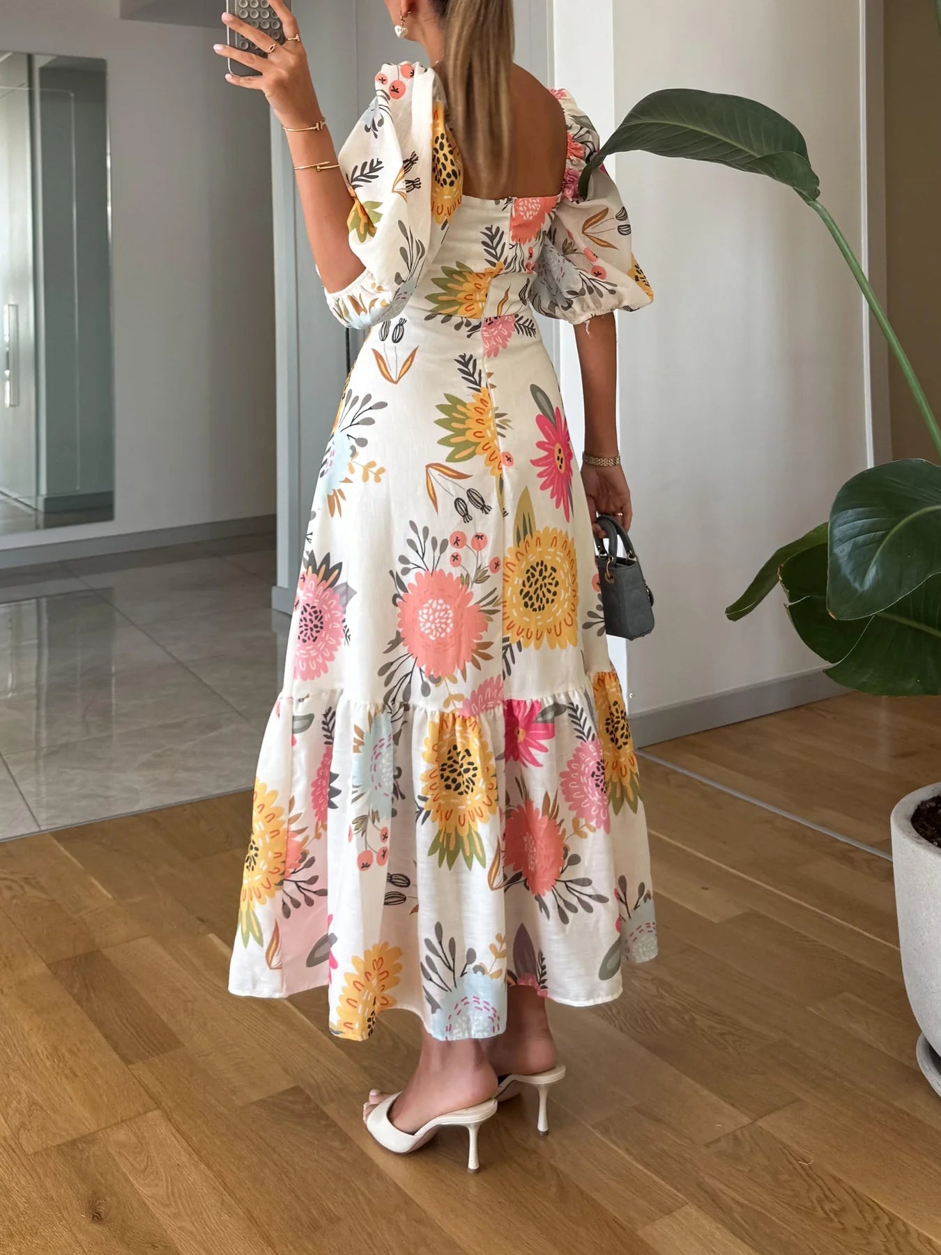 Alasia | Women’s Puff Sleeve Square Neck Floral Tiered Maxi Dress