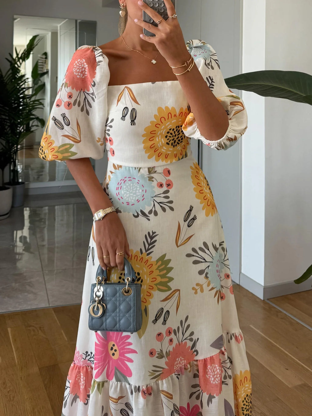 Alasia | Women’s Puff Sleeve Square Neck Floral Tiered Maxi Dress