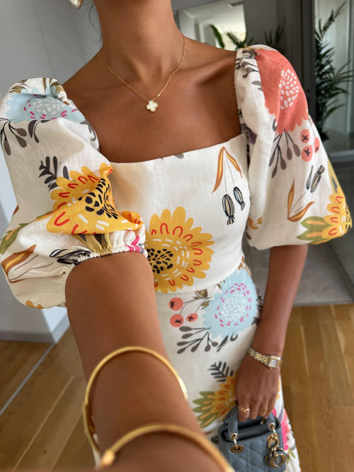 Alasia | Women’s Puff Sleeve Square Neck Floral Tiered Maxi Dress