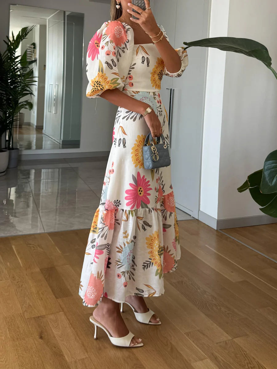 Alasia | Women’s Puff Sleeve Square Neck Floral Tiered Maxi Dress