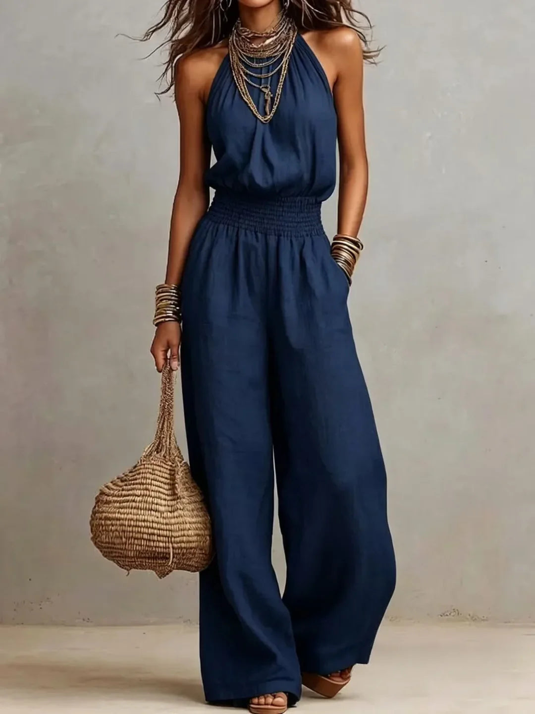 Alavina | Women's Sleeveless Wide Leg Halter Neck Jumpsuit