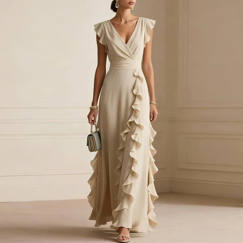 Alayna | Women's V Neck Sleeveless Ruffled Flowy Maxi Dress