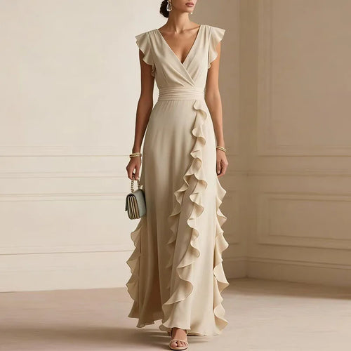Alayna | Women's V Neck Sleeveless Ruffled Flowy Maxi Dress