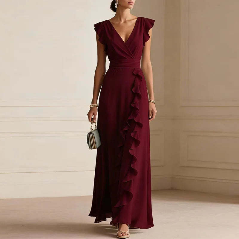 Alayna | Women's V Neck Sleeveless Ruffled Flowy Maxi Dress