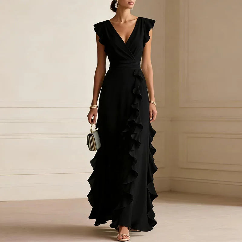 Alayna | Women's V Neck Sleeveless Ruffled Flowy Maxi Dress