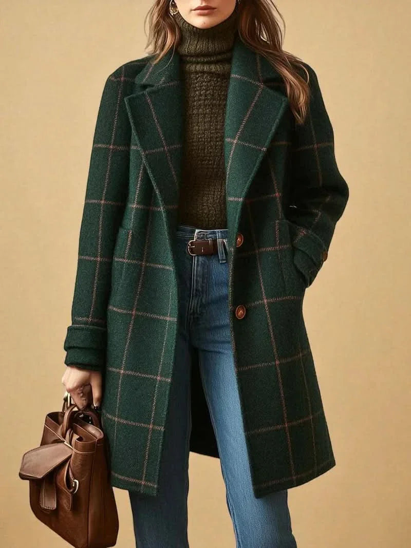 Aldona | Women’s Checked Pattern Button Front Long Sleeve Coat