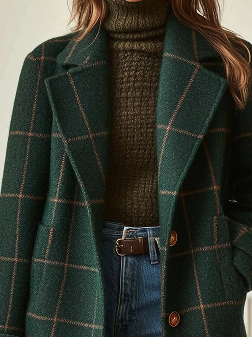 Aldona | Women’s Checked Pattern Button Front Long Sleeve Coat