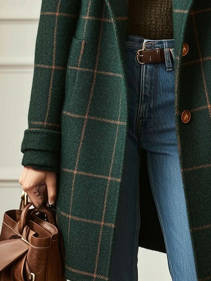 Aldona | Women’s Checked Pattern Button Front Long Sleeve Coat