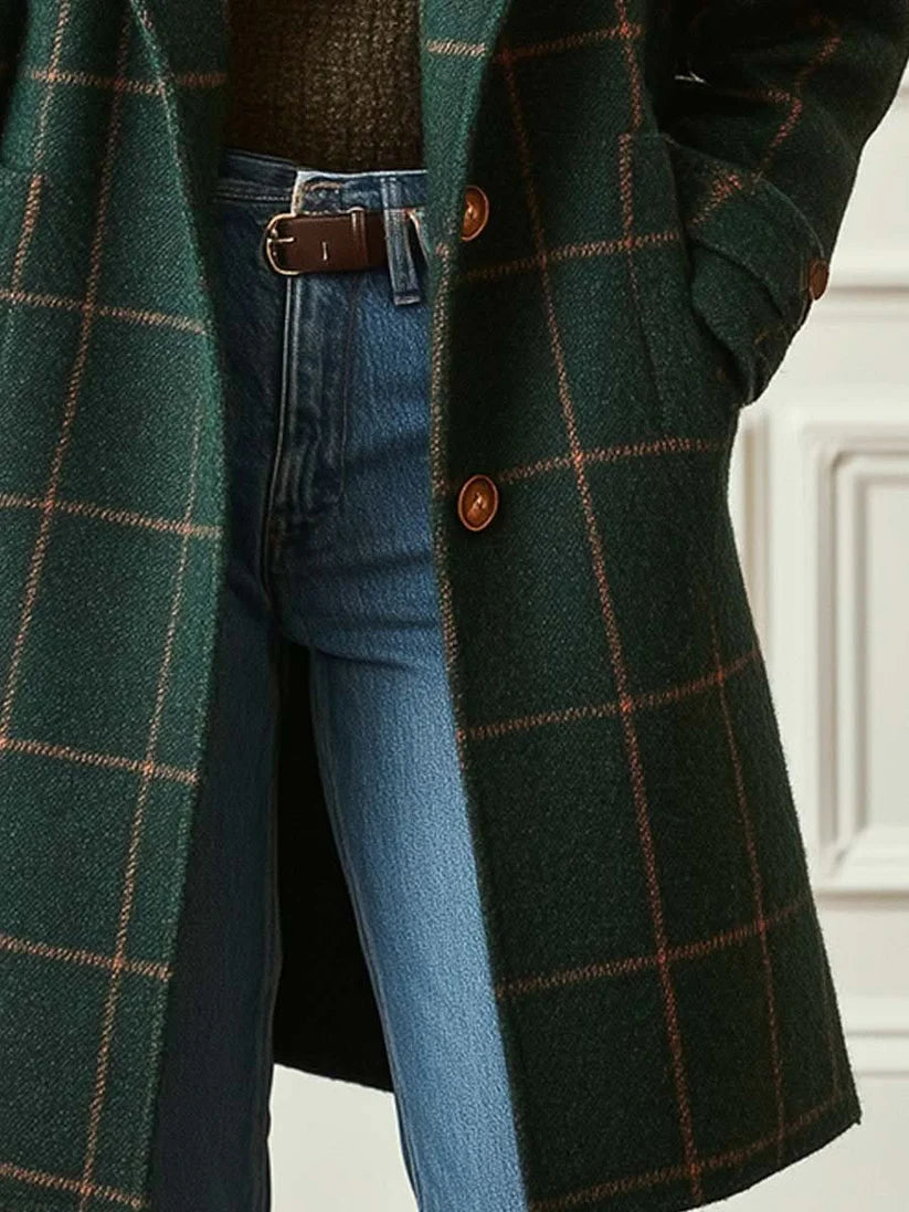 Aldona | Women’s Checked Pattern Button Front Long Sleeve Coat