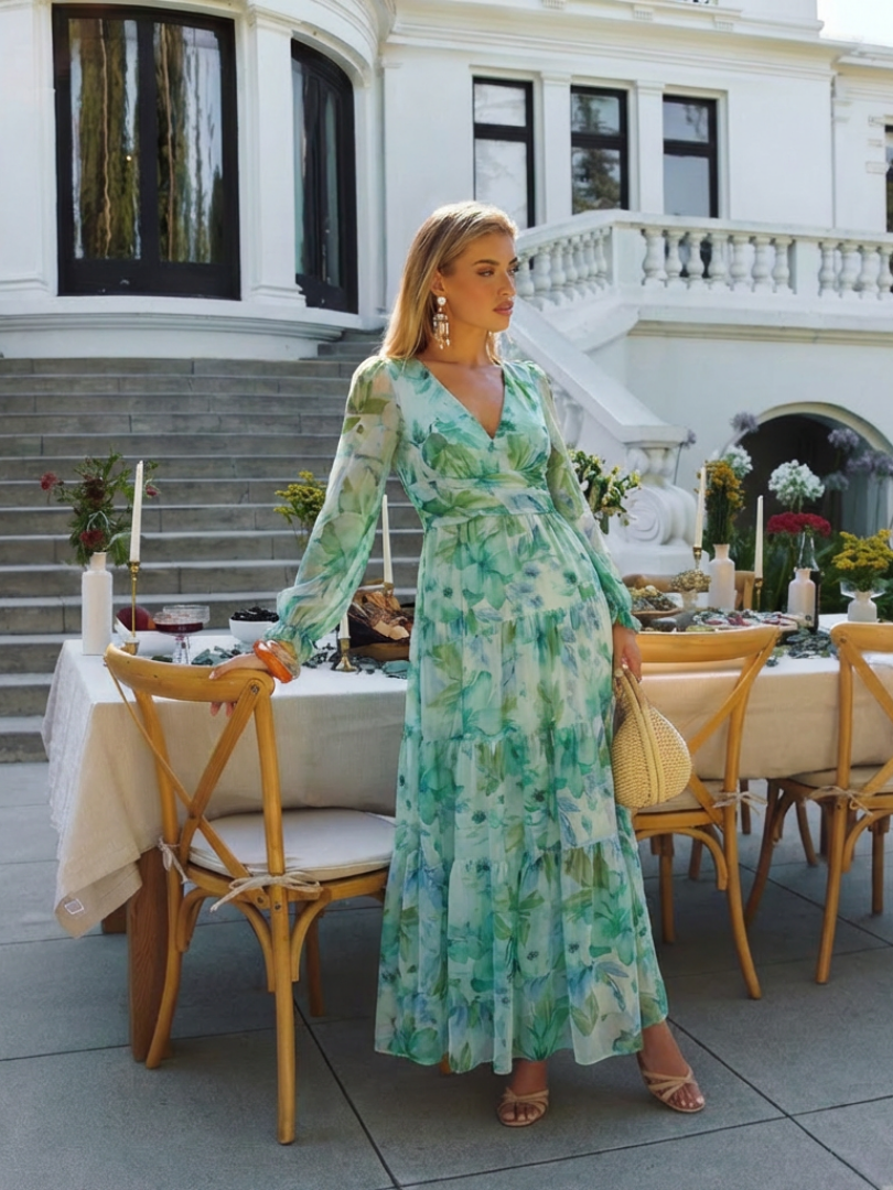 Alecia | Women’s Floral Print V Neck Long Sleeve Maxi Dress