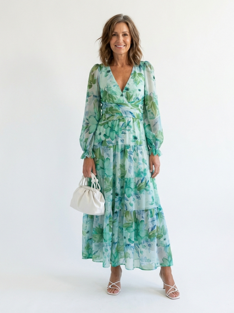 Alecia | Women’s Floral Print V Neck Long Sleeve Maxi Dress